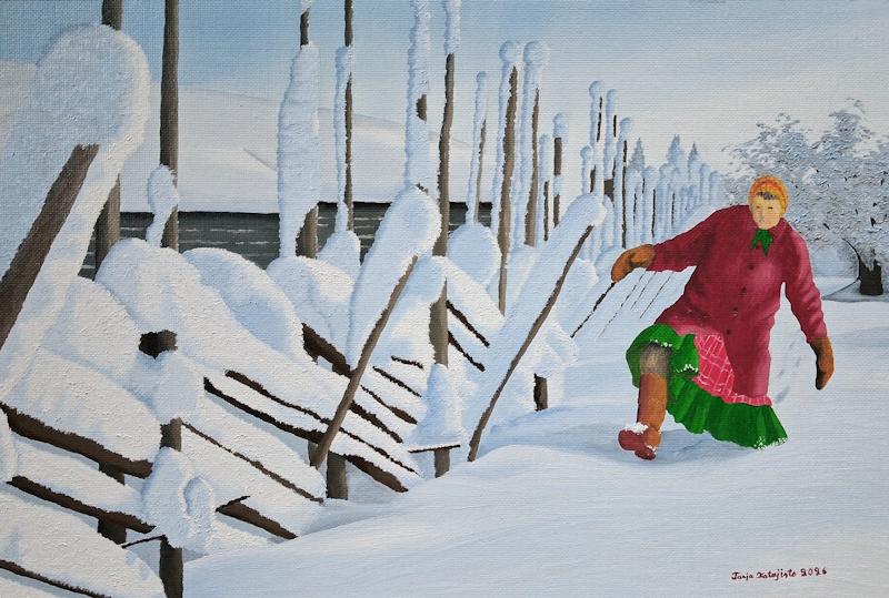 "Etiäpäin." Sano mummo lumessa.